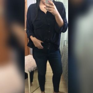 Navy Button Sheer Blouse